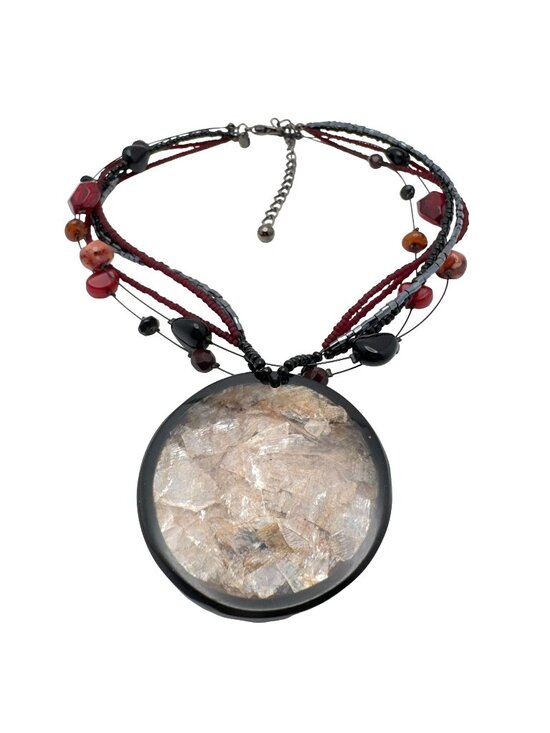 Chico's Jewelry - Chicos Gray Black Red Beaded Statement Necklace Pink Mica Acrylic Pendant Chain